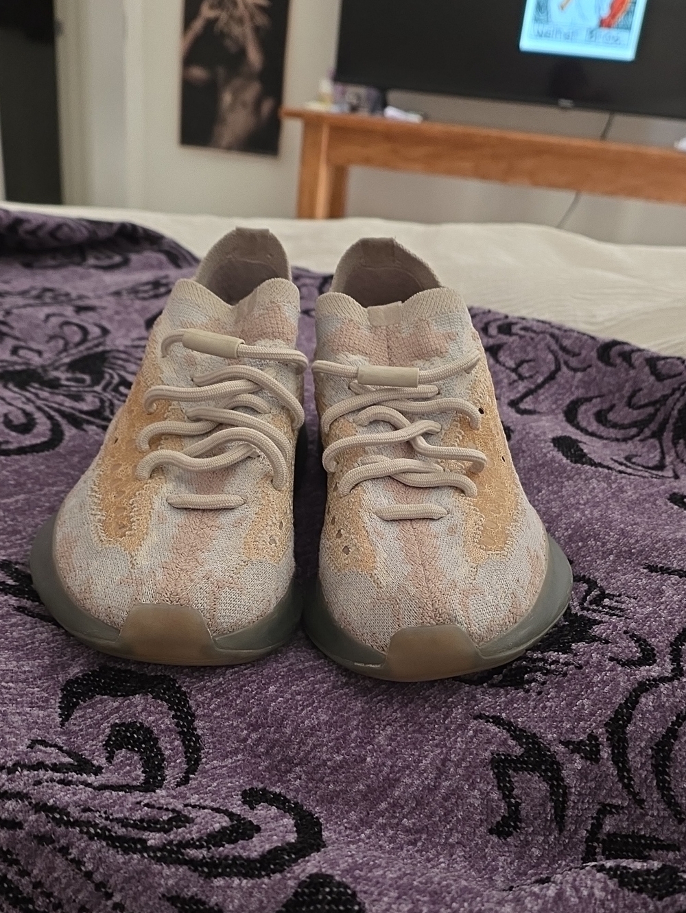 Yeezy Knit Lace-Up Sneakers in Beige and Gray